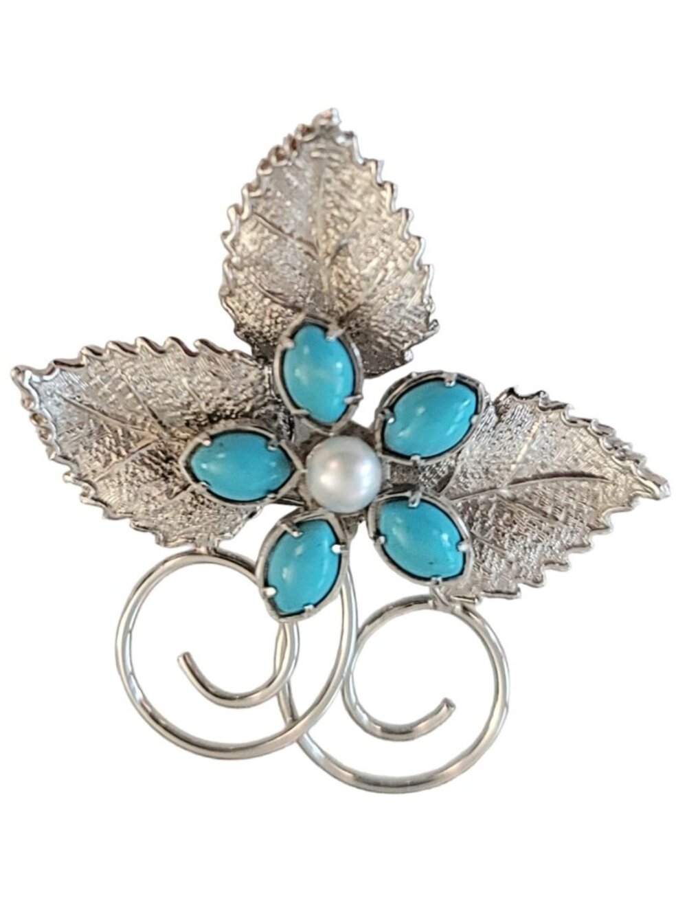 Sterling Silver Turquoise Lucite Cab, Leaf Brooch Pin, M524